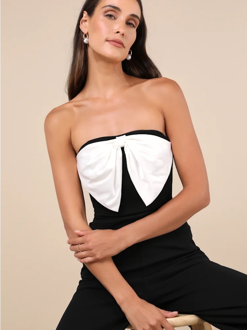 Lulu's Black and White Strapless Jumpsuit